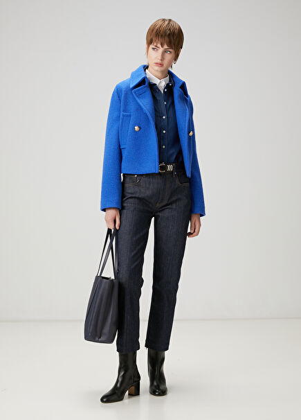 Blue Military Detailed Crop Wool Jacket